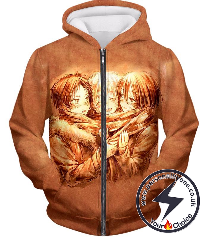 Attack on Titan Three Best Childhood Friends Eren X Mikasa X Armin Cool Anime Promo Zip Up Hoodie